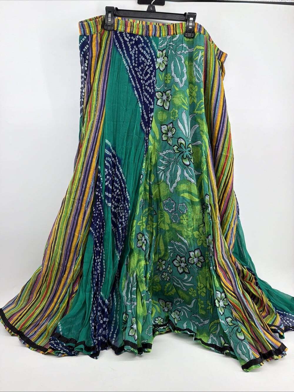 Soft Surroundings Patchwork Boho Flowy Midi Skirt Blue Teal Floral 2X Festival